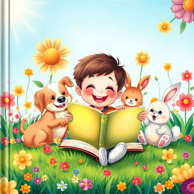 A whimsical book cover featuring an animated young boy joyfully reading a book, surrounded by a variety of playful animals