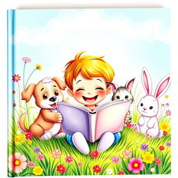 A whimsical book cover featuring an animated young boy joyfully reading a book, surrounded by a variety of playful animals
