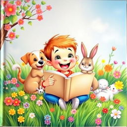 A whimsical book cover featuring an animated young boy joyfully reading a book, surrounded by a variety of playful animals