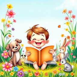 A whimsical book cover featuring an animated young boy joyfully reading a book, surrounded by a variety of playful animals