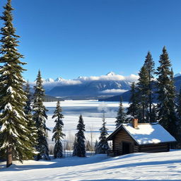 A serene winter landscape showcasing a snowy scene with tall evergreen trees dusted with fresh snow, a frozen lake reflecting the clear blue sky, and gentle snowflakes falling from above
