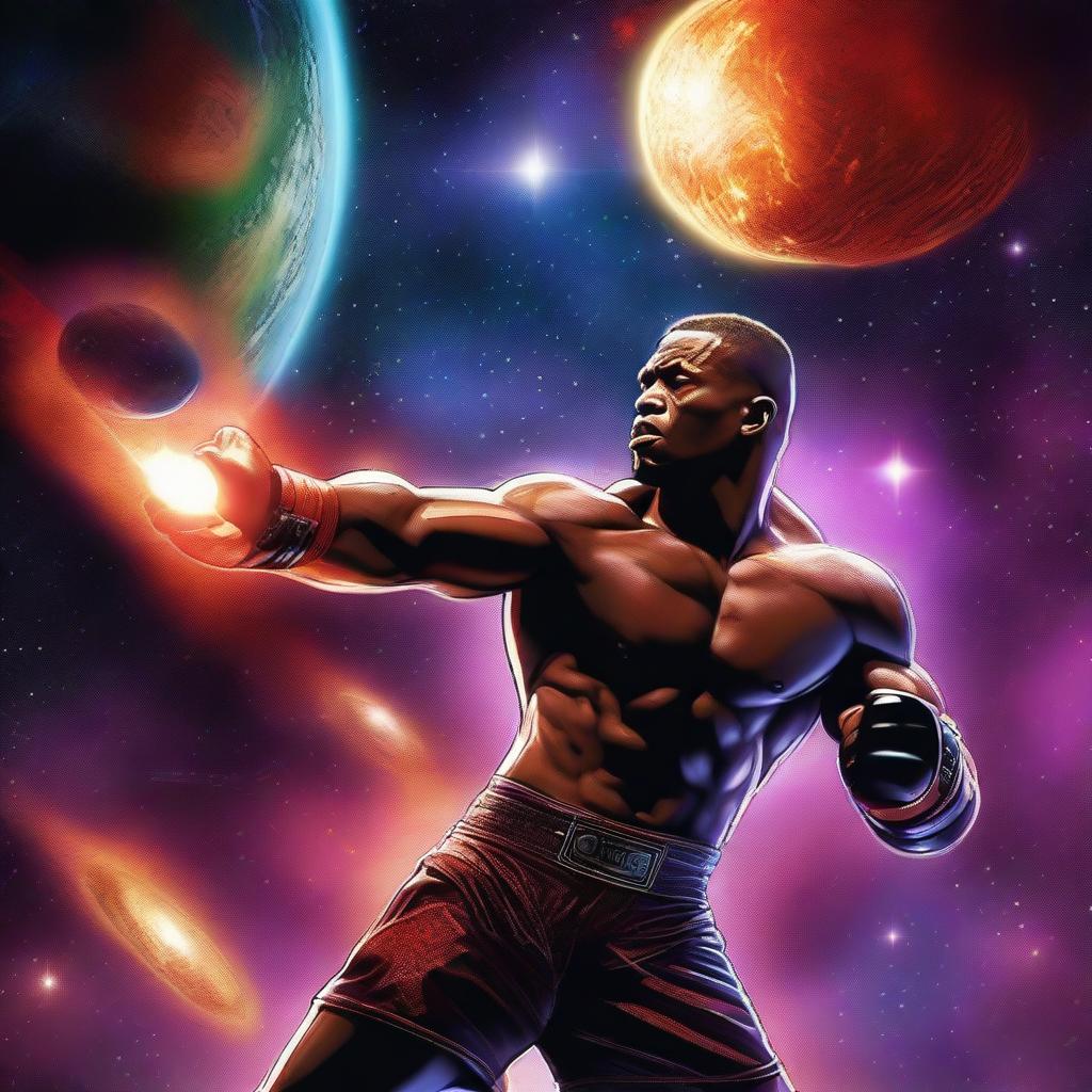 A high-quality digital art image featuring a detailed MMA fighter engaged in a match against a vivid backdrop of deep space