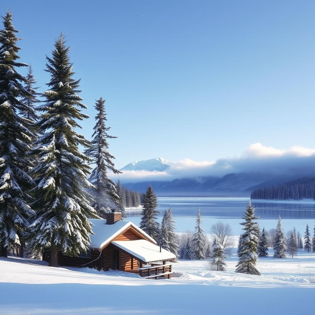 A serene winter landscape showcasing a snowy scene with tall evergreen trees dusted with fresh snow, a frozen lake reflecting the clear blue sky, and gentle snowflakes falling from above