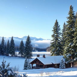 A serene winter landscape showcasing a snowy scene with tall evergreen trees dusted with fresh snow, a frozen lake reflecting the clear blue sky, and gentle snowflakes falling from above