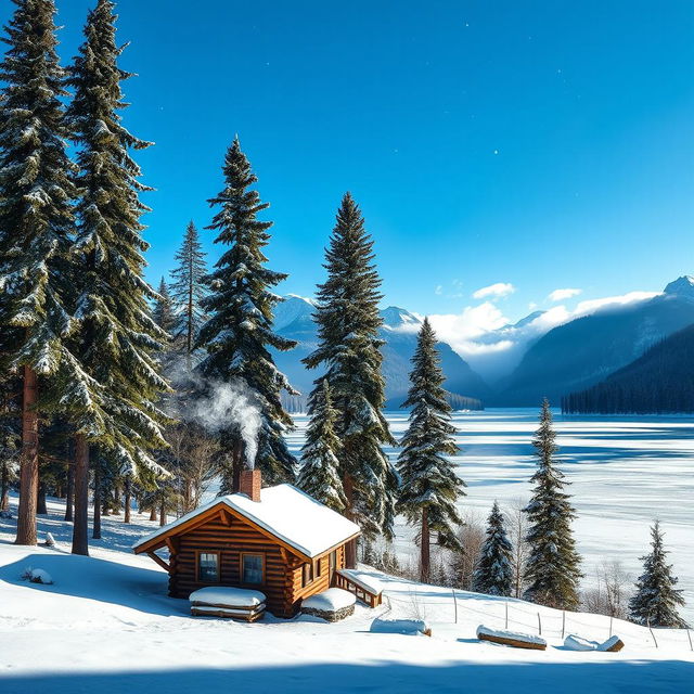 A serene winter landscape showcasing a snowy scene with tall evergreen trees dusted with fresh snow, a frozen lake reflecting the clear blue sky, and gentle snowflakes falling from above