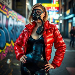 A hot slim girl with big boobs, exuding confidence, dressed in a shiny red tight puffer jacket and form-fitting black latex leggings