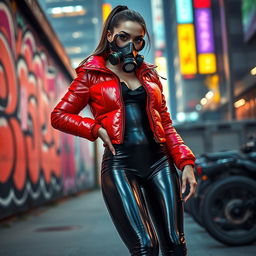 A hot slim girl with big boobs, exuding confidence, dressed in a shiny red tight puffer jacket and form-fitting black latex leggings