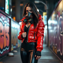 A hot slim girl with big boobs, exuding confidence, dressed in a shiny red tight puffer jacket and form-fitting black latex leggings