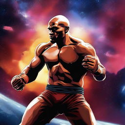 A high-quality digital art image featuring a detailed MMA fighter engaged in a match against a vivid backdrop of deep space