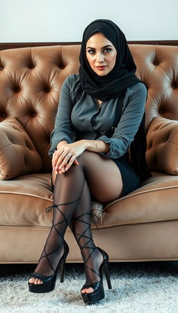 A classy middle-aged woman in her 40s with white skin, wearing a stylish hijab, sitting elegantly on a plush couch