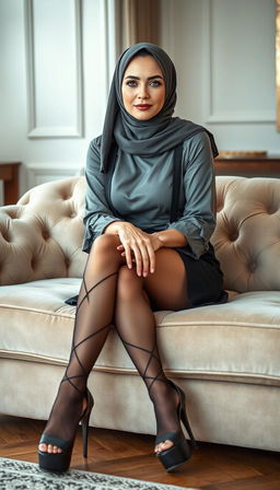 A classy middle-aged woman in her 40s with white skin, wearing a stylish hijab, sitting elegantly on a plush couch