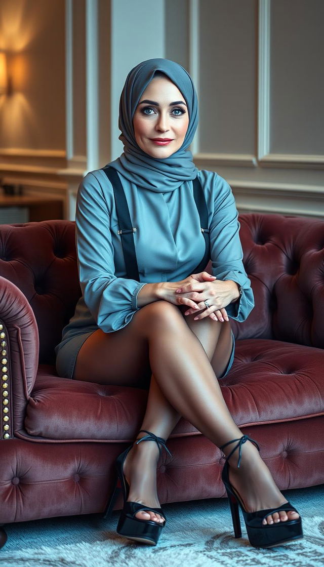 A classy middle-aged woman in her 40s with white skin, wearing a stylish hijab, sitting elegantly on a plush couch