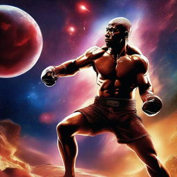 A high-quality digital art image featuring a detailed MMA fighter engaged in a match against a vivid backdrop of deep space