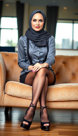 A classy middle-aged woman in her 40s with white skin, wearing a stylish hijab, sitting elegantly on a plush couch