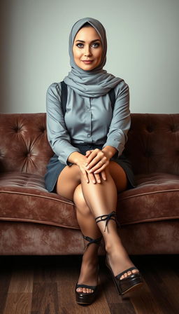 A classy middle-aged woman in her 40s with white skin, wearing a stylish hijab, sitting elegantly on a plush couch