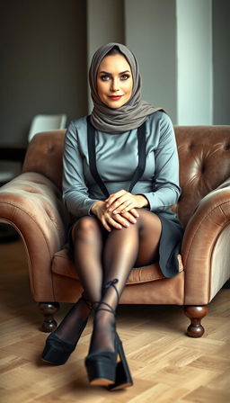 A classy middle-aged woman in her 40s with white skin, wearing a stylish hijab, sitting elegantly on a plush couch