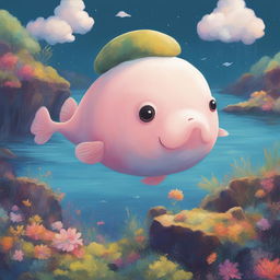 A digital art piece featuring a blobfish illustrated in the style of Studio Ghibli, set against a vibrant, 90s-inspired background