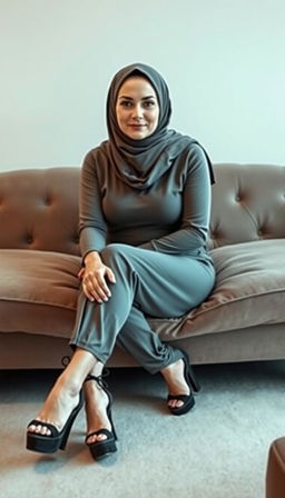 A classy middle-aged woman in her 40s with white skin, wearing a stylish hijab, seated elegantly on a plush couch while crossing her legs