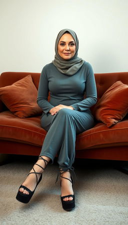 A classy middle-aged woman in her 40s with white skin, wearing a stylish hijab, seated elegantly on a plush couch while crossing her legs