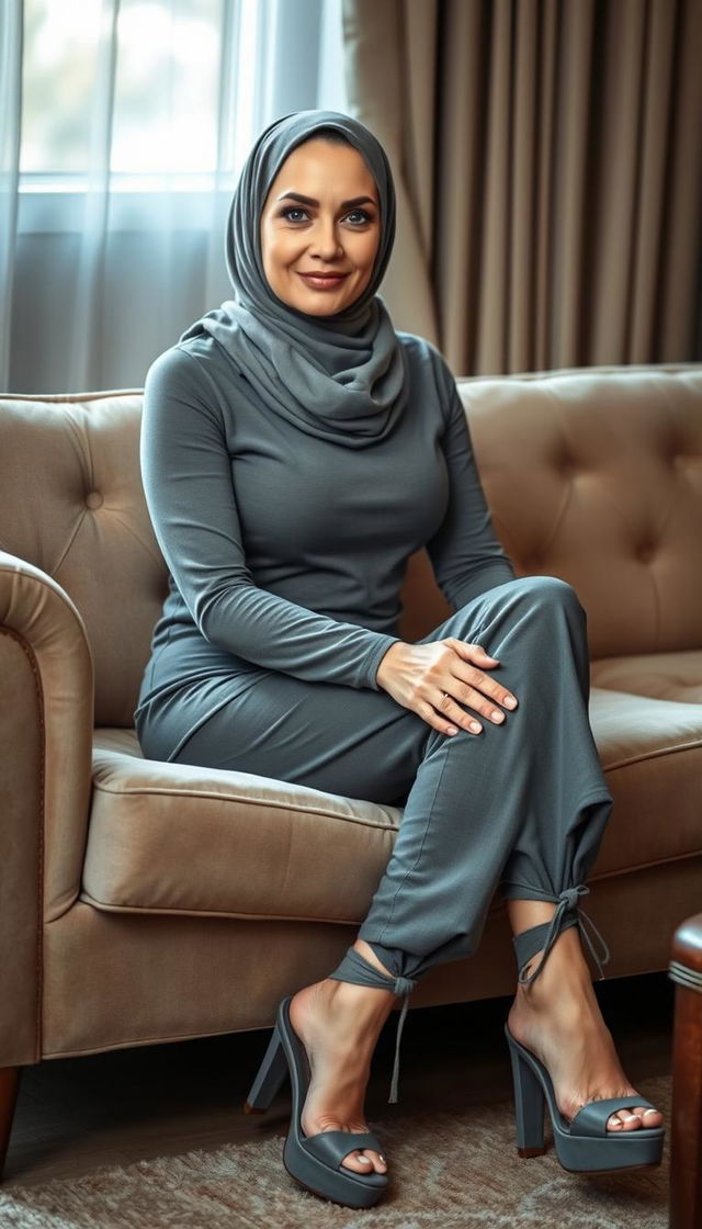 A classy middle-aged woman in her 40s with white skin, wearing a stylish hijab, seated elegantly on a plush couch while crossing her legs