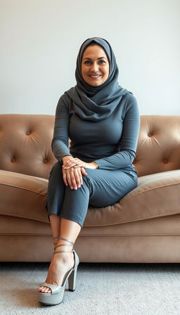 A classy middle-aged woman in her 40s with white skin, wearing a stylish hijab, seated elegantly on a plush couch while crossing her legs