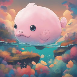 A digital art piece featuring a blobfish illustrated in the style of Studio Ghibli, set against a vibrant, 90s-inspired background