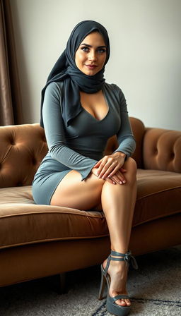 A classy middle-aged woman in her 40s with white skin, elegantly wearing a stylish hijab, seated on a plush couch while crossing her legs