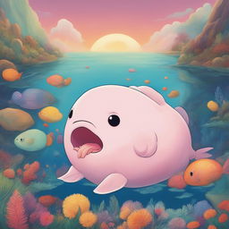 A digital art piece featuring a blobfish illustrated in the style of Studio Ghibli, set against a vibrant, 90s-inspired background