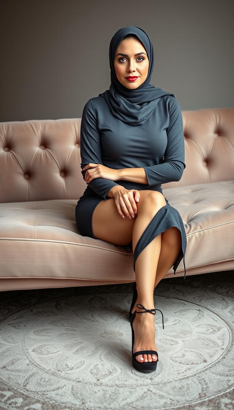 A classy middle-aged woman in her 40s with white skin, elegantly wearing a stylish hijab, seated on a plush couch while crossing her legs