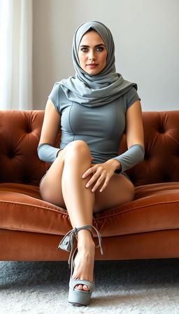 A classy middle-aged woman in her 40s with white skin, elegantly wearing a stylish hijab, seated on a plush couch while crossing her legs