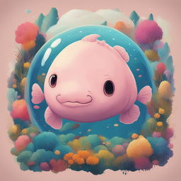 A digital art piece featuring a blobfish illustrated in the style of Studio Ghibli, set against a vibrant, 90s-inspired background