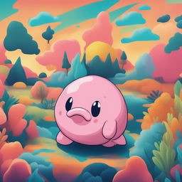 A digital art piece featuring a blobfish in the style of Pokemon, set against a vibrant, 90s-inspired background