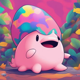 A digital art piece featuring a blobfish in the style of Pokemon, set against a vibrant, 90s-inspired background