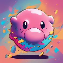 A digital art piece featuring a blobfish in the style of Pokemon, set against a vibrant, 90s-inspired background