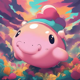 A digital art piece featuring a blobfish in the style of Pokemon, set against a vibrant, 90s-inspired background