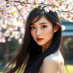 A stunning Japanese beauty with delicate features and pink, lush lips