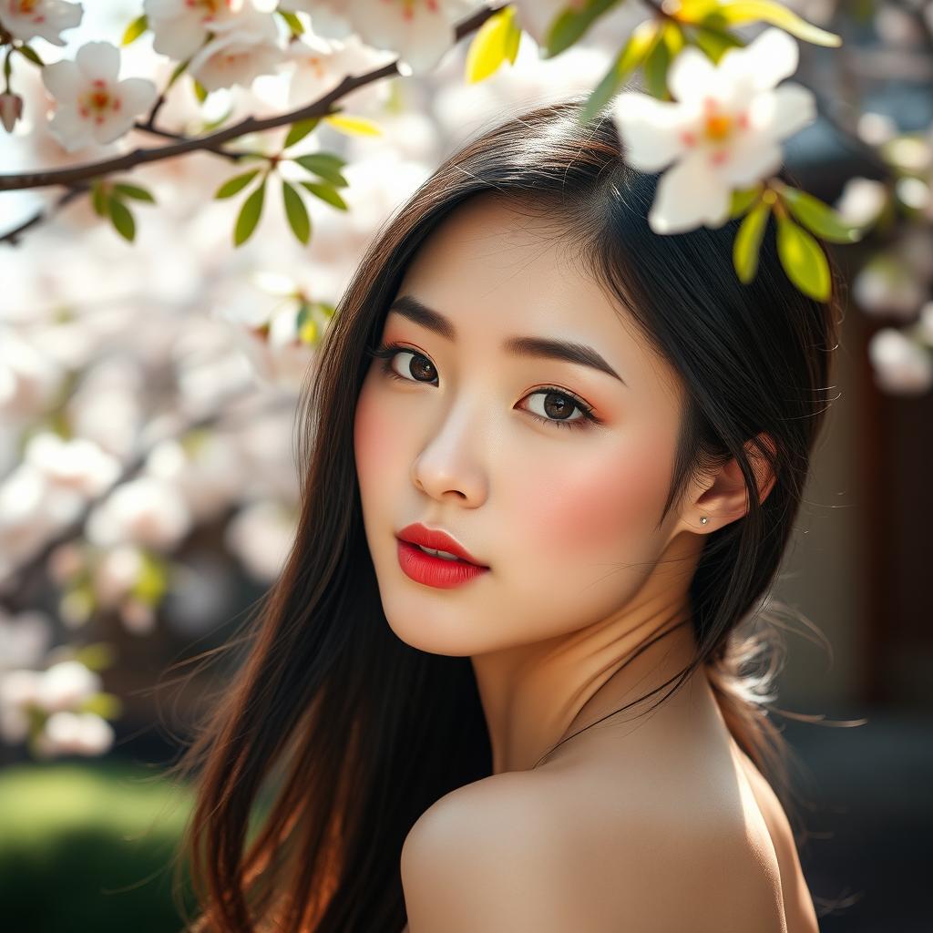 A stunning Japanese beauty with delicate features and pink, lush lips