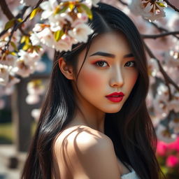 A stunning Japanese beauty with delicate features and pink, lush lips