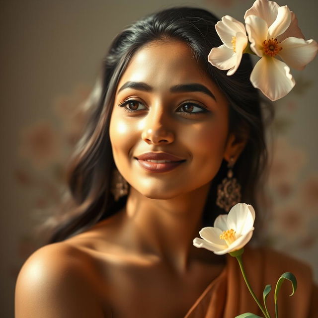 A soft and tasteful artistic representation of femininity, emphasizing the beauty and elegance of a young Indian woman, symbolizing empowerment and confidence