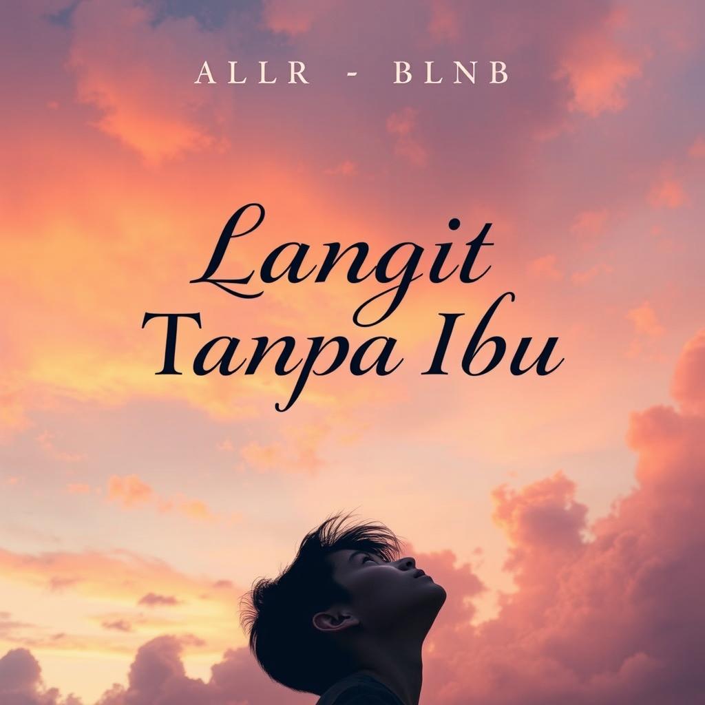 A captivating novel cover for 'Langit Tanpa Ibu', featuring a serene and expansive sky filled with soft clouds at sunset, highlighting vibrant shades of orange, pink, and purple