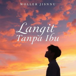 A captivating novel cover for 'Langit Tanpa Ibu', featuring a serene and expansive sky filled with soft clouds at sunset, highlighting vibrant shades of orange, pink, and purple