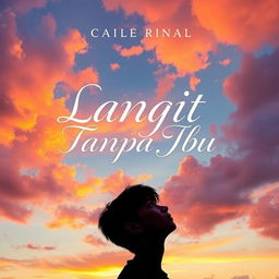 A captivating novel cover for 'Langit Tanpa Ibu', featuring a serene and expansive sky filled with soft clouds at sunset, highlighting vibrant shades of orange, pink, and purple
