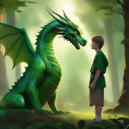 A vibrant digital art image showcasing a lively argument between a green eastern-style dragon and a Slavic teenager