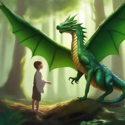 A vibrant digital art image showcasing a lively argument between a green eastern-style dragon and a Slavic teenager