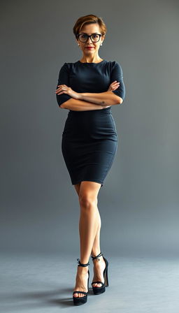 A commanding CEO woman in her 40s with white skin, confidently standing and crossing her legs
