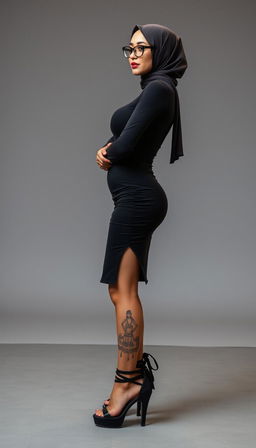 A captivating hijab-wearing singer in her 40s with white skin, striking a pose while standing and crossing her legs