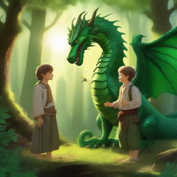 A vibrant digital art image showcasing a lively argument between a green eastern-style dragon and a Slavic teenager