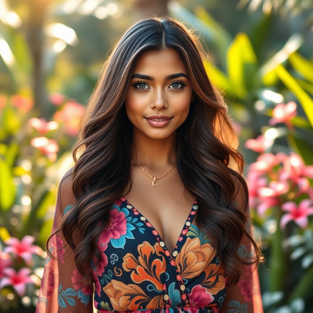 A stunning mixed Indonesian beauty with long, wavy brown hair and captivating blue eyes stands elegantly in a serene outdoor setting