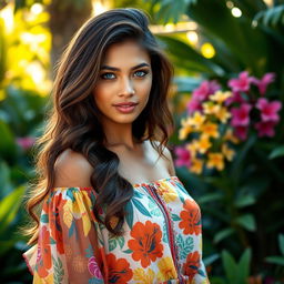 A stunning mixed Indonesian beauty with long, wavy brown hair and captivating blue eyes stands elegantly in a serene outdoor setting
