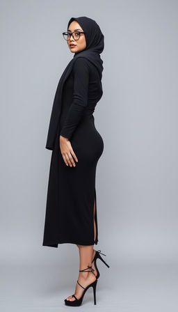 A stunning hijab-wearing singer in her 40s with white skin, confidently standing and crossing her legs